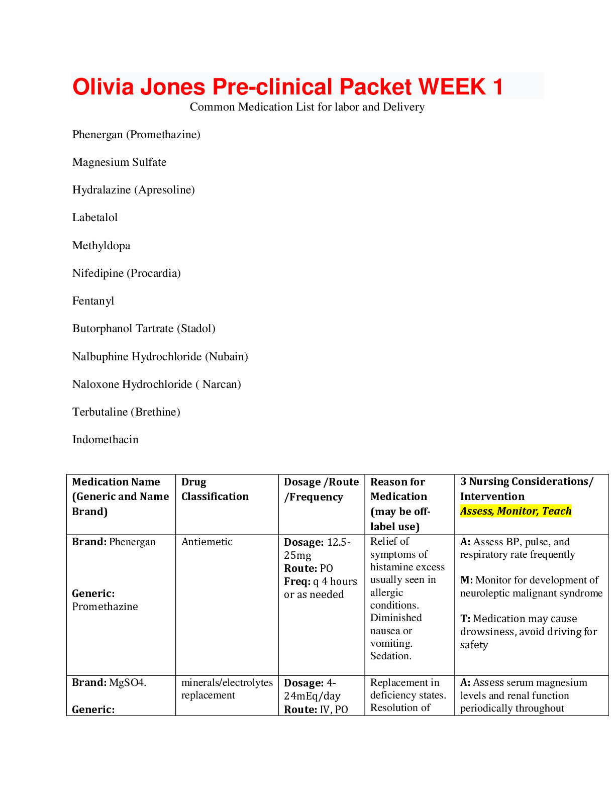 Preview image for Olivia Jones Pre-clinical Packet WEEK 1